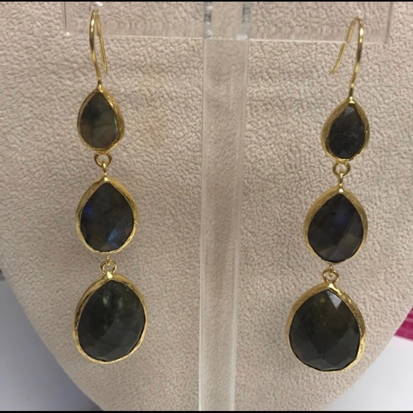 Genuine Labradorite Faceted Pear-Cut Trio In 18KGold Vermeil-Boutique - Picture 4 of 4